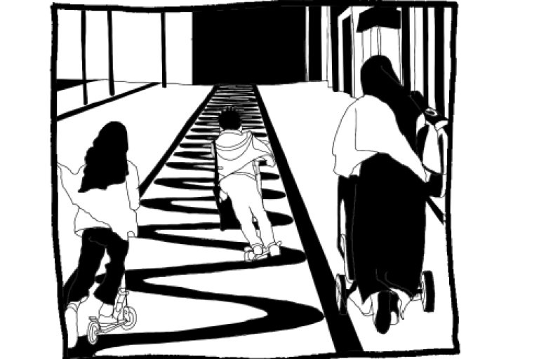 A black and white drawing of figures moving on a path. One figure uses a scooter, one uses a mobility aid, and one pushes a pushchair.